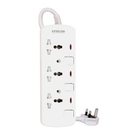 Epsilon 3 Way Extension Socket with Individual Switches- ES1096| Equipped with 750-Degree Fire Proof Temperature and Child Safety Shutter| 2 M Cord, Ideal for Home, Office, etc to Connect Chargers, Laptops, Lamp and Other Electrical Devices and Appliances