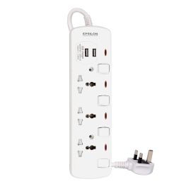 Epsilon 3 Way Extension Socket with Individual Switches- ES1107| 2 Way USB Ports, Equipped with 750-Degree Fire Proof Temperature and Child Safety Shutter| 3 M Cord, Ideal for Home, Office, etc to Connect Chargers, Laptops, Lamp and Other Electrical Devic