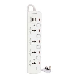 Epsilon 4 Way Extension Socket with Individual Switches- ES1108| 2 Way USB Ports, Equipped with 750-Degree Fire Proof Temperature and Child Safety Shutter| 2 M Cord, Ideal for Home, Office, etc to Connect Chargers, Laptops, Lamp and Other Electrical Devic