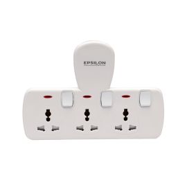 Epsilon 3 Way Universal Socket- ES1112| Equipped with 750-Degree Fire Temperature and Child Safety Shutter| Individual Switches, Ideal for Home, Office, etc to Connect Chargers, Laptops, Lamp and Other Electrical Devices and Appliances| White, 2-Year Warr