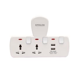 Epsilon 2 Way Universal Socket- ES1113| Equipped with 750-Degree Fire Temperature and Child Safety Shutter| With Individual Switches and Two Way USB Ports, Ideal for Home, Office, etc to Connect Chargers, Laptops, Lamp and Other Electrical Devices and App