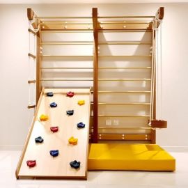 Moon Kids Swedish Wall with Climbing Ramp, Swing & Rope Indoor Outdoor Playset for Kids Ages 4-5 - with Safety Foam Mat