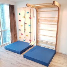 Swedish Wall and 1 Panel Climbing Wall Set with Safety Mat - Moon Kids Swedish Wall and 1 Panel Climbing Wall Set with Accessories and Safety Mattress for Indoor Playset, Training, Obstacle Activities for Kids