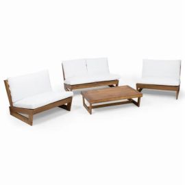 Maelle Acacia Solid Outdoor Wood 4 Pcs loveseat, 2 chairs with cushion and coffee table for Patio Outdoor Seating Wooden Bench Balcony Terrace Yard Seating - White