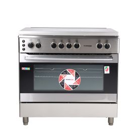 90X60 Freestanding Gas Oven, Stainless Steel Oven OMCR5005 - 5 Gas Burners with Double Chicken Rotisserie & Top Glass Lid - Mechanical Timer, Cooker with Double knob control - 1 Year Warranty