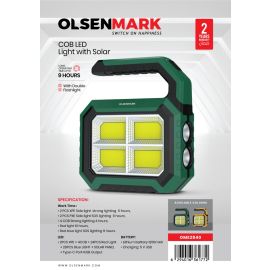 Olsenmark COB LED Light with Solar- OME2840/ Advanced Technology, Efficient Performance, Convenient Charging and Double Flashlight Design/ Perfect for Indoor and Outdoor Use, 9 Hours Continuous Working/ Green