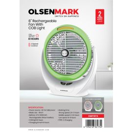 Olsenmark 6" Rechargeable Mini Fan- OMF1874/ COB Light with Long Working Hours and 3 Wind Speed/ Powerful and Efficient Cooling, High Performance 2400mAh Lithium Battery, Perfect for Home, Office, Study Room, etc