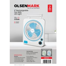 Olsenmark 6" Rechargeable Mini Fan- OMF1875/ LED Light with Long Working Hours and 2 Lights and Speed Modes/ Powerful and Efficient Cooling, High Performance 1800mAh Battery, Perfect for Home, Office, Study Room, etc./ 2 Years Warranty, White and Blue