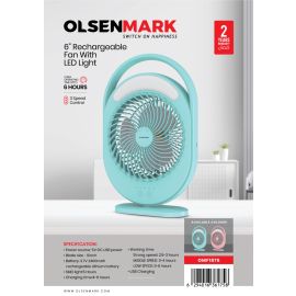 Olsenmark 6" Rechargeable Mini Fan- OMF1876/ LED Light with Long Working Hours and 3 Wind Speed/ Powerful and Efficient Cooling, High Performance 2400mAh Lithium Battery, Perfect for Home, Office, Study Room, etc