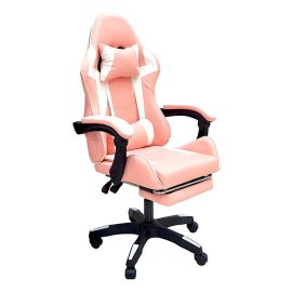 SBF-G047-F-PinkWhite - High Back Gaming Chair with Footrest - Premium Leather, Padded Armrests, Adjustable Height, Headrest Cushion & Reclining Backrest, Swivel Office Computer Chair, Pink White