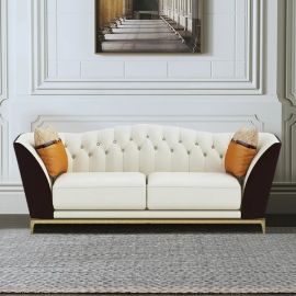 Ethan Faux Leather Sofa White and Brown Mid-Century Couch, Loveseat Velvet Sofa, Tufted sofa, settee Cozy Modern Style for Living and Family Room furniture