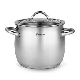 Fissman Stockpot With Glass Lid 18/10 (INOX304) Stainless Steel With Induction Bottom Silver 22x18.7cm/7.7Liters