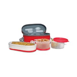 Milton Plastic Double Decker Lunch Box, (2 round Container, 280ml each; 1 Oval Container, 450ml)