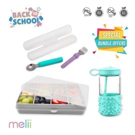 Melii Set of 3 Bundle - Snackle Food Container with Removable Divider 4oz - Water Bottle 17oz - Detachable Spoon & Fork with Carrying Case - Back to School Special