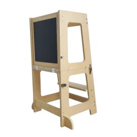 All-in-1 Learning Tower for Toddlers and Kids 1-6 Years, Kitchen Helper Stool with Chalkboard, Whiteboard, Desk Table, and Chair All in One (Natural)