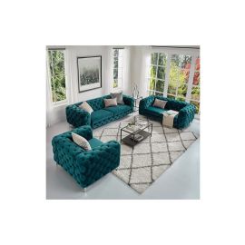 Tufted Velvet Loveseat and Sofa Living Room Set in Green Color Loveseat Sofa