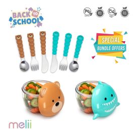 Melii Snack Containers & Utensil Set - Turquoise Shark & Brown Bear Snack Containers, Brown Bear & Blue Shark Utensil Set (6 Pcs) - BPA Free, Durable, Fun Designs